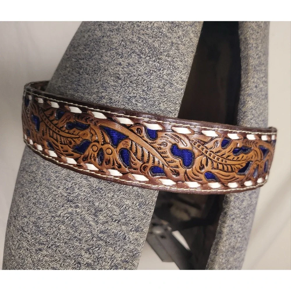 Vinatge‎ Texas Sterling Leather Belt Tooled Blue Inlay Buckle Eagle Western 36